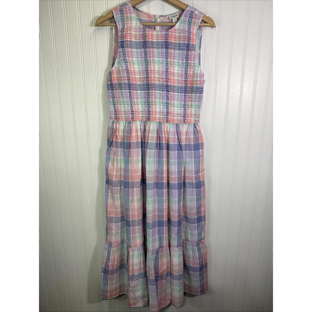 J Crew Factory Small Dress Smocked Pink Blue Pastel Plaid Midi Cotton NWT - Picture 2 of 5